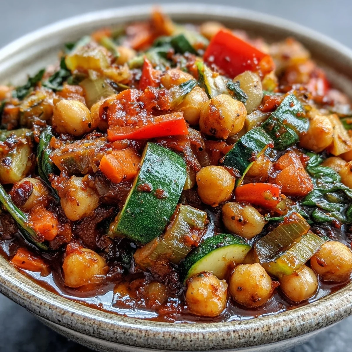 Vibrant Chickpea Stew simmering in a pot, featuring carrots, bell peppers, and spinach in a rich tomato broth. Ready for a family meal.