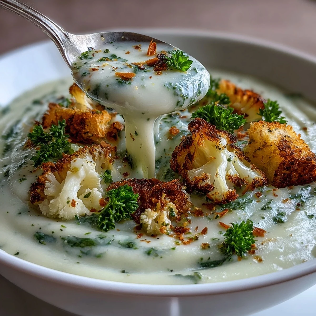 Creamy Cauliflower and Broccoli Soup with golden croutons served steaming hot in a rustic bowl.