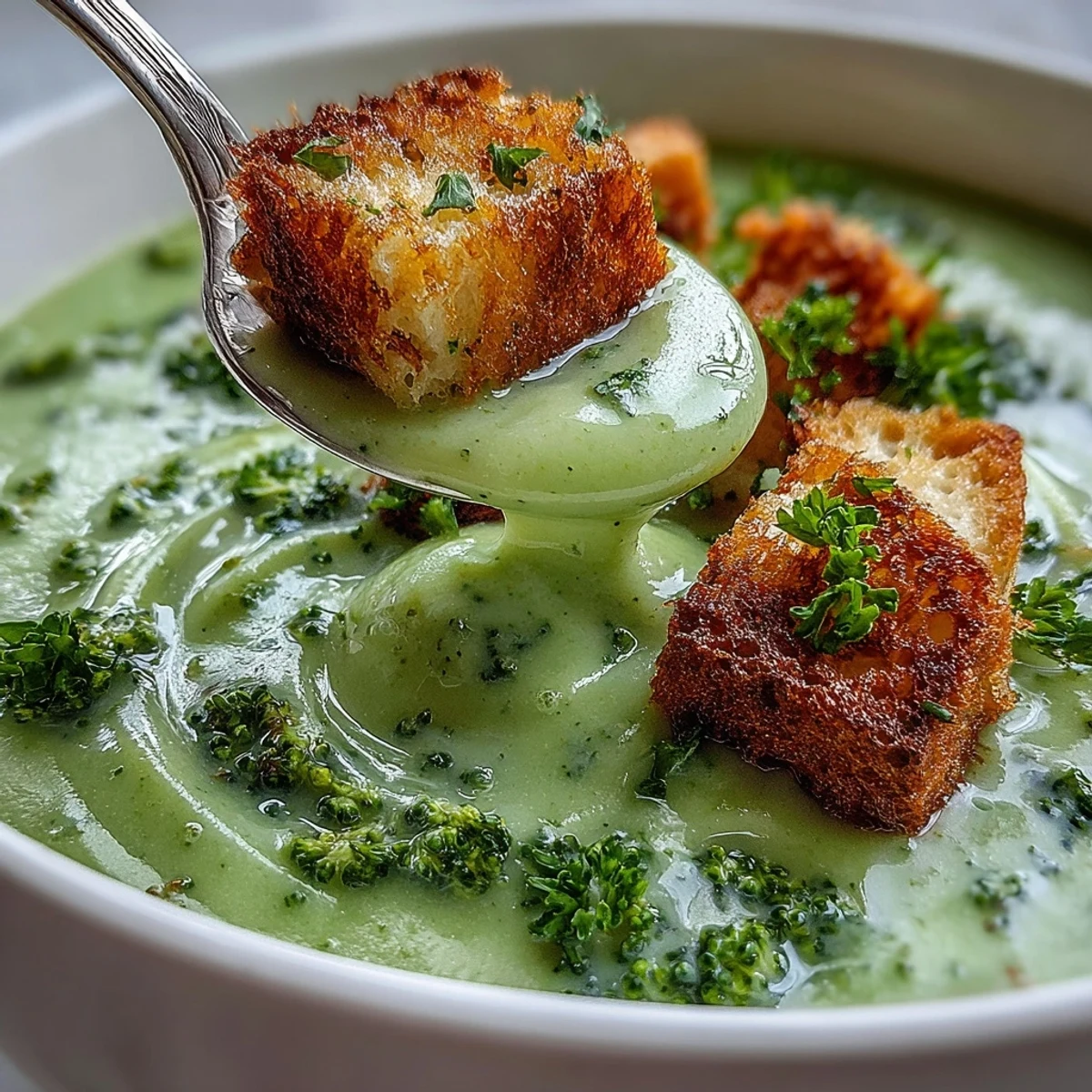 A bowl of blended Cauliflower and Broccoli Soup garnished with crunchy croutons and fresh herbs.