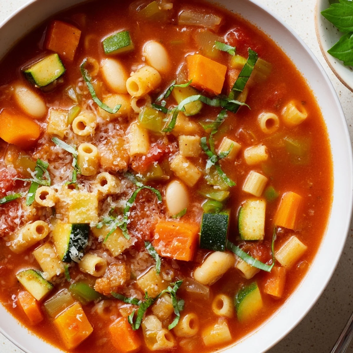 Comforting Minestrone Vegetable Soup simmering in a pot, featuring fresh herbs, pasta, and seasonal vegetables ready to be served hot.