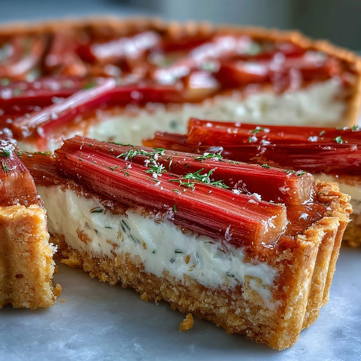 Freshly baked Rhubarb, White Chocolate, and Elderflower Tart sits on a marble board, garnished with sliced almonds and a drizzle of glaze. 