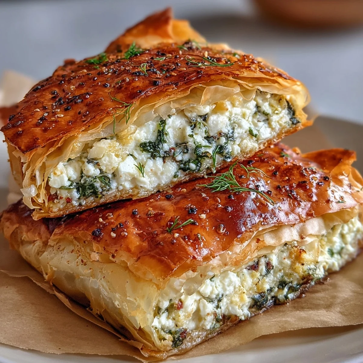 Golden-brown Feta and Kale Börek slices show crisp filo layers with a vibrant green and white feta filling.