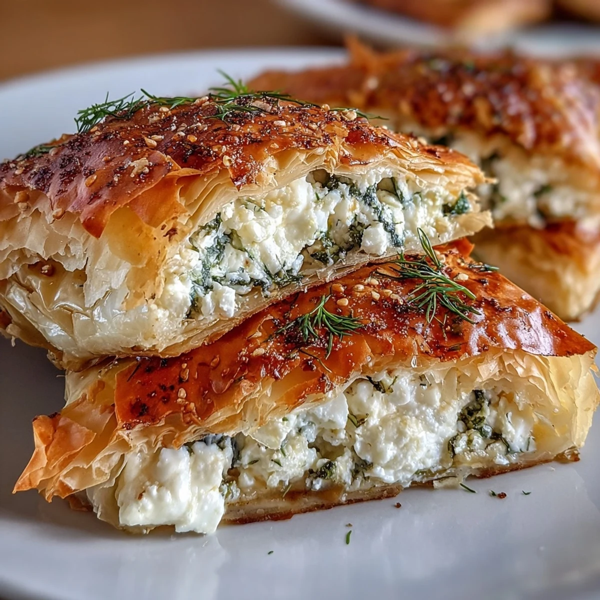 Serving of Feta and Kale Börek with a wedge of lemon on a rustic wooden cutting board.