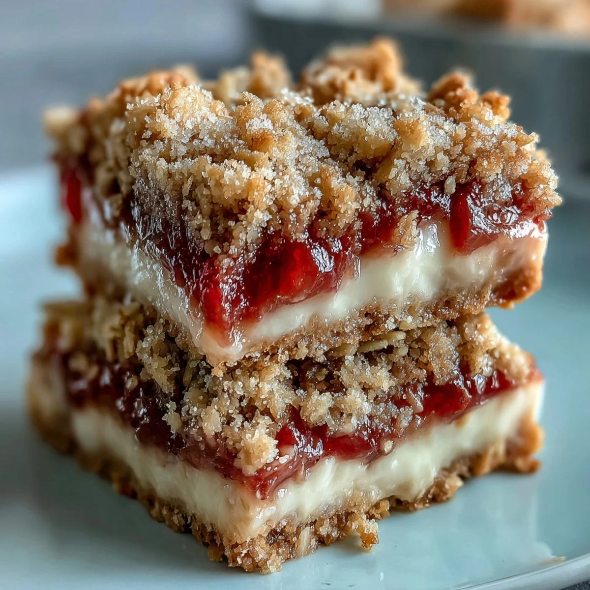 Freshly baked Rhubarb and Custard Crumble bars sit on a white plate, showcasing a buttery oat topping and spring dessert appeal.