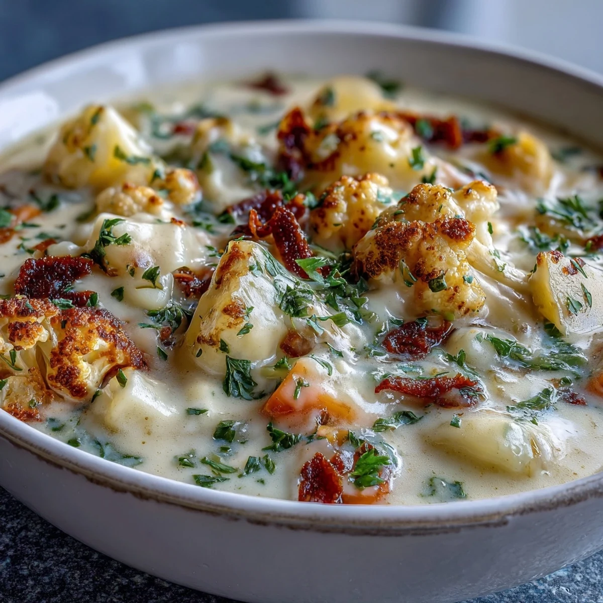 Steaming Vegetarian Cauliflower Chowder blended with potatoes and carrots, garnished with a sprinkle of paprika.