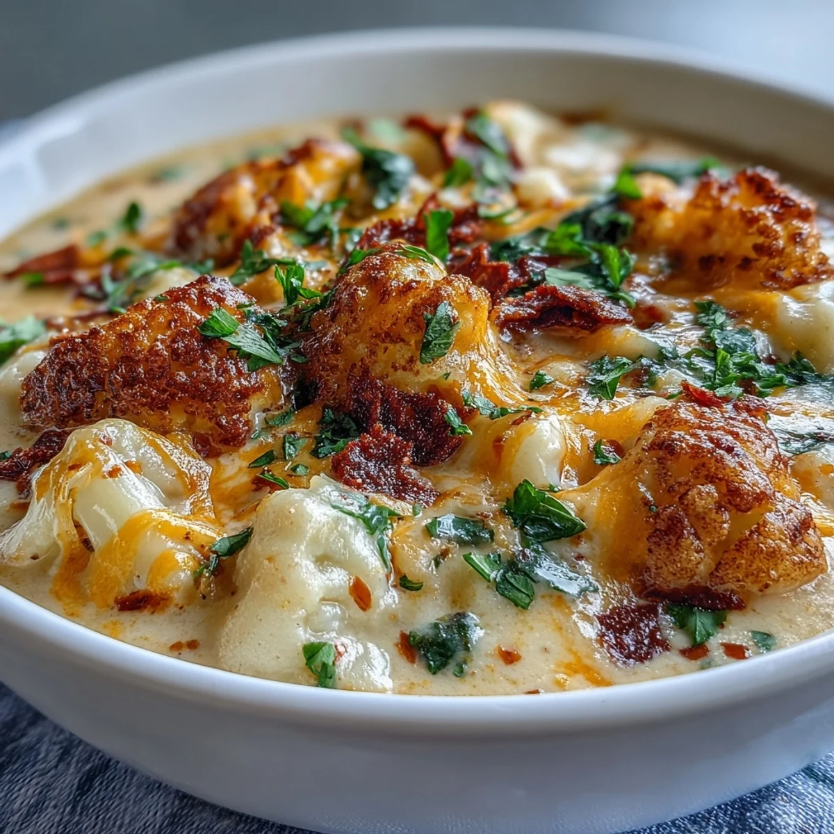 A hearty bowl of Vegetarian Cauliflower Chowder with crusty bread for dipping, perfect for chilly evenings.