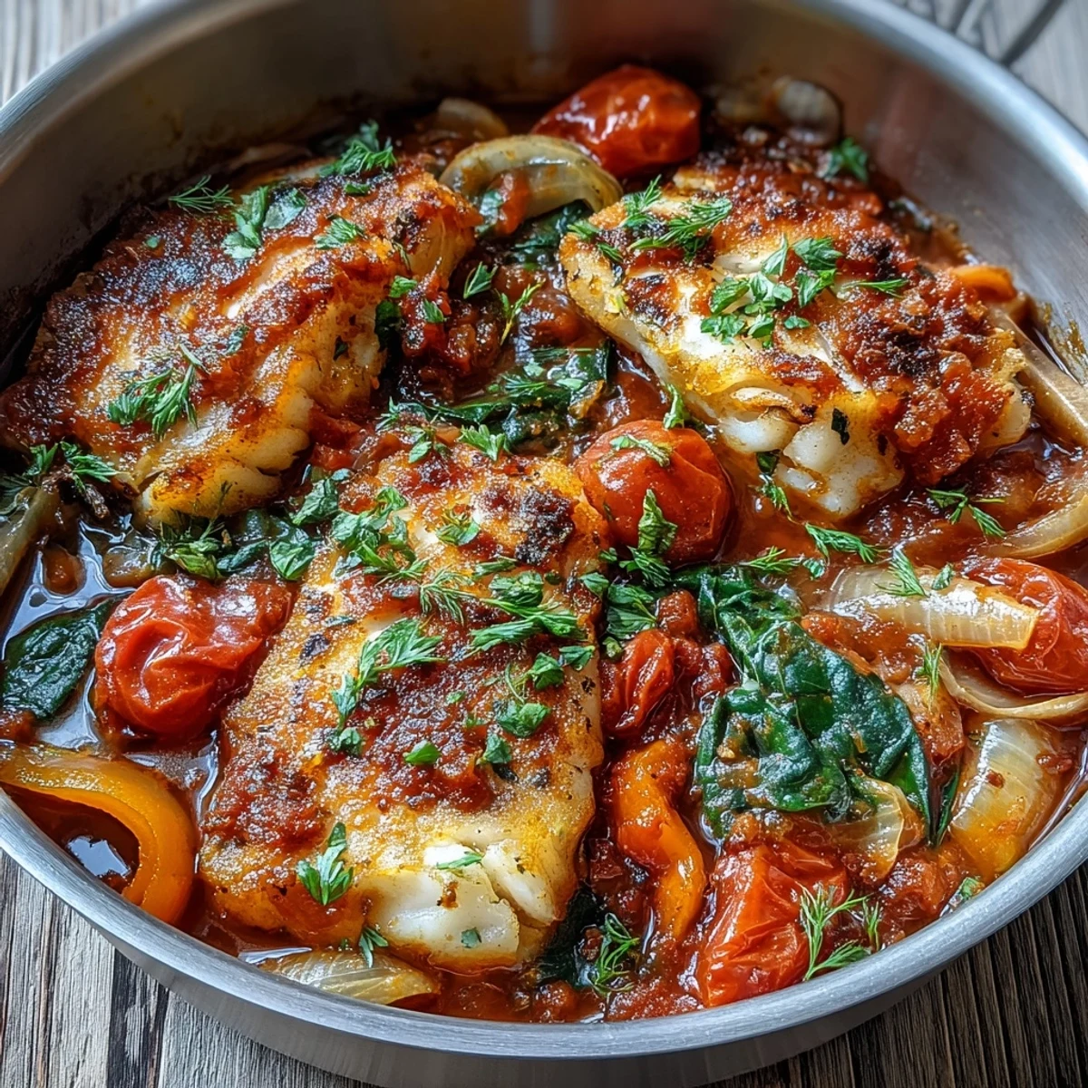 Serving suggestion for Spiced Cod One Pot, garnished with fresh cilantro and lemon wedges alongside steamed rice.