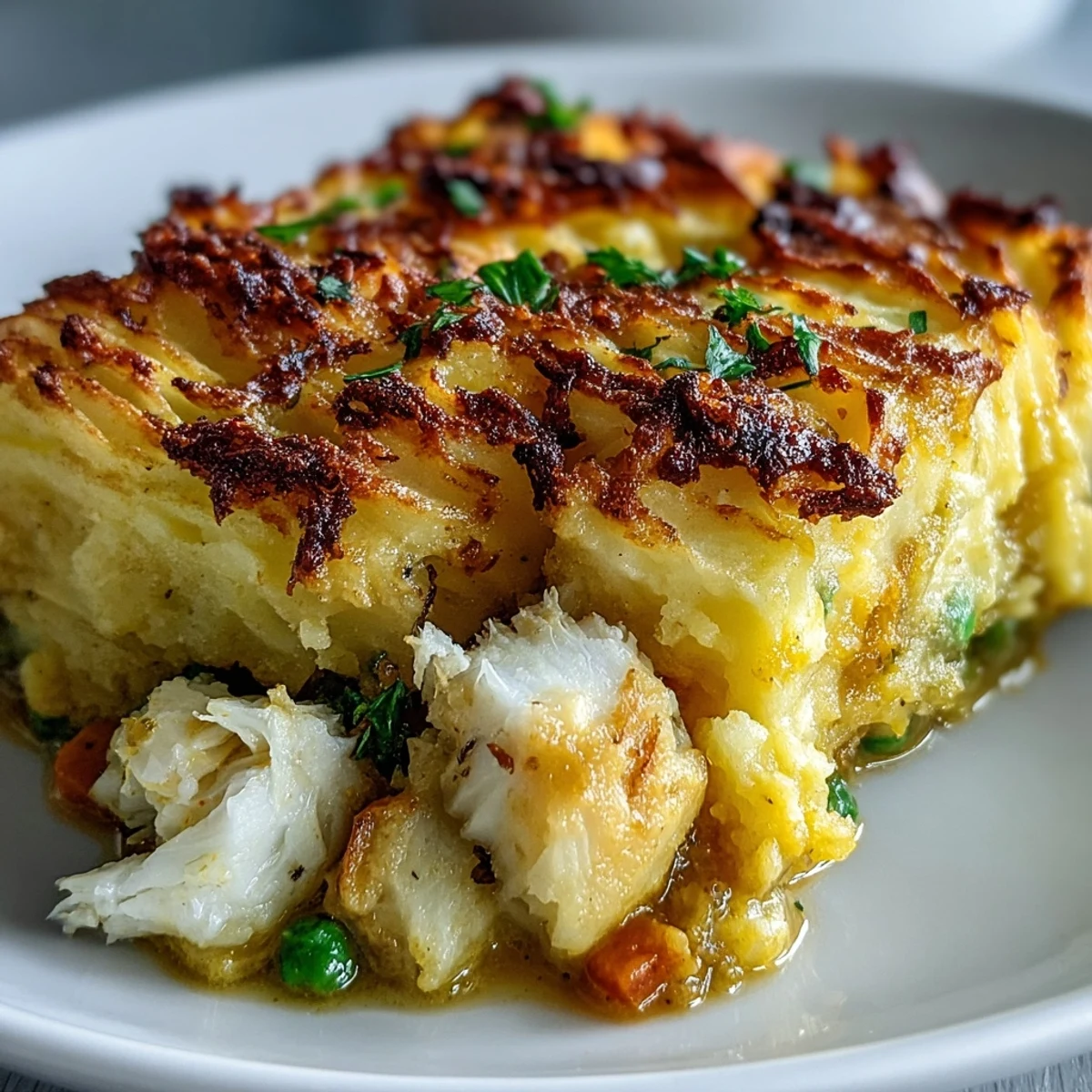 A spoon serves creamy curried fish pie onto a plate next to a simple green salad.