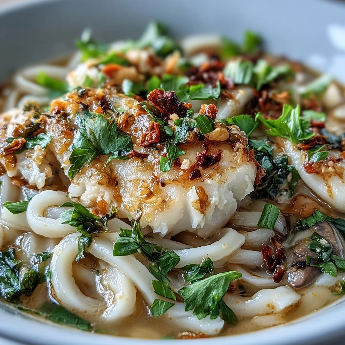 Poached cod with spiced coconut broth and udon noodles served hot with lime and cilantro.