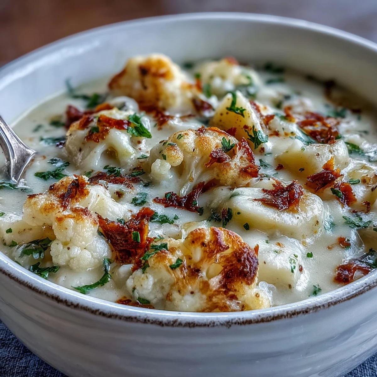 Creamy Vegetarian Cauliflower Chowder served hot in a rustic bowl, topped with fresh parsley and grated cheese.