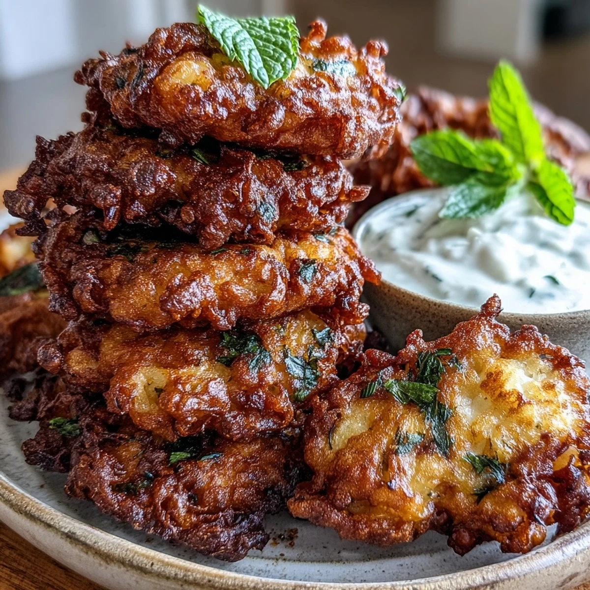 Golden, crispy Cauliflower Bhajis fritters stacked high, sprinkled with fresh cilantro and ready to dip into creamy yogurt sauce.