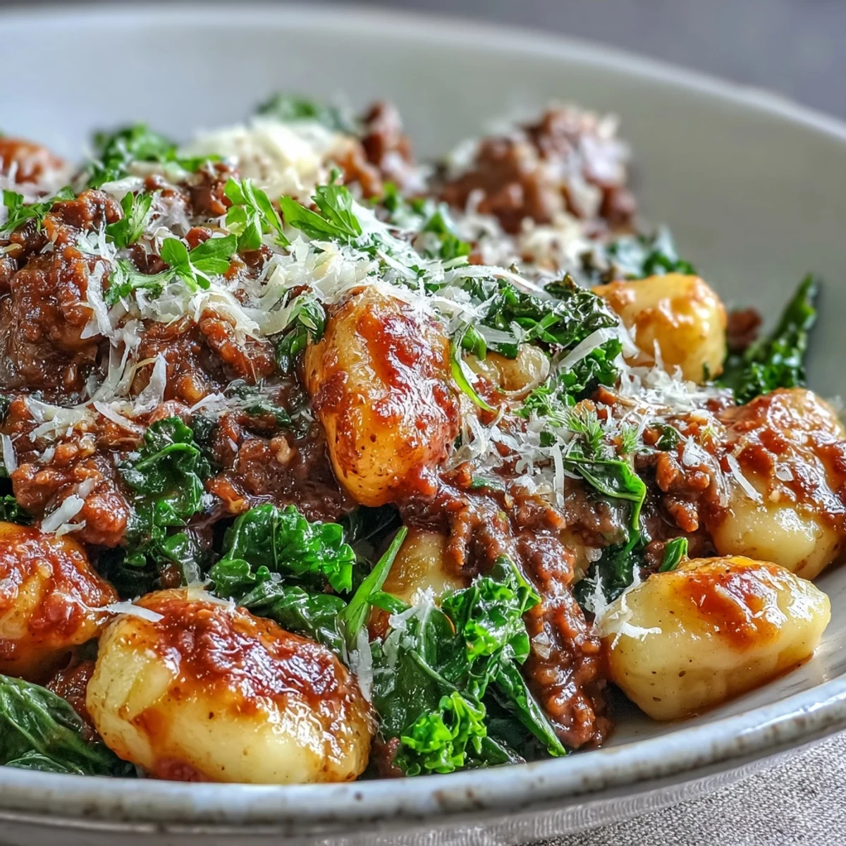 Sausage Gnocchi with Kale served in a rustic bowl, with tender gnocchi and wilted greens in a rich red sauce.