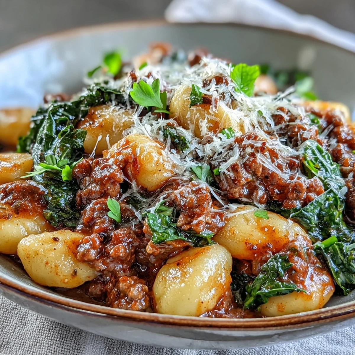 Close-up of Sausage Gnocchi with Kale, highlighting Parmesan flecks, diced tomatoes, and zesty sausage crumbles in the skillet.