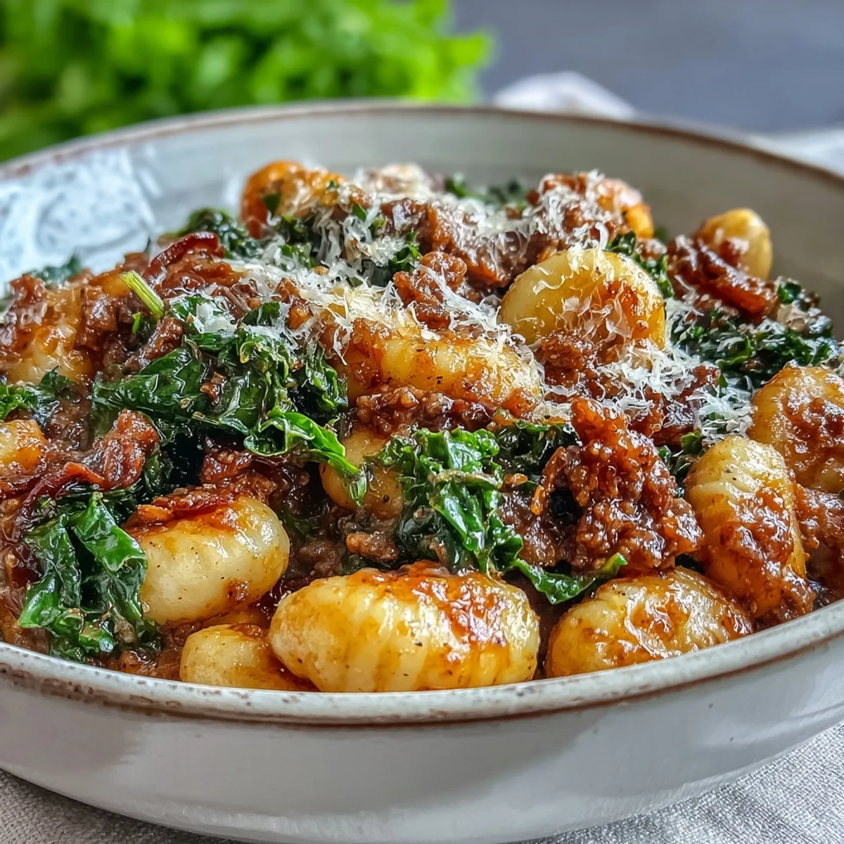 Hearty Sausage Gnocchi with Kale plated alongside garlic bread, steam rising from the spicy Italian-inspired weeknight dinner.