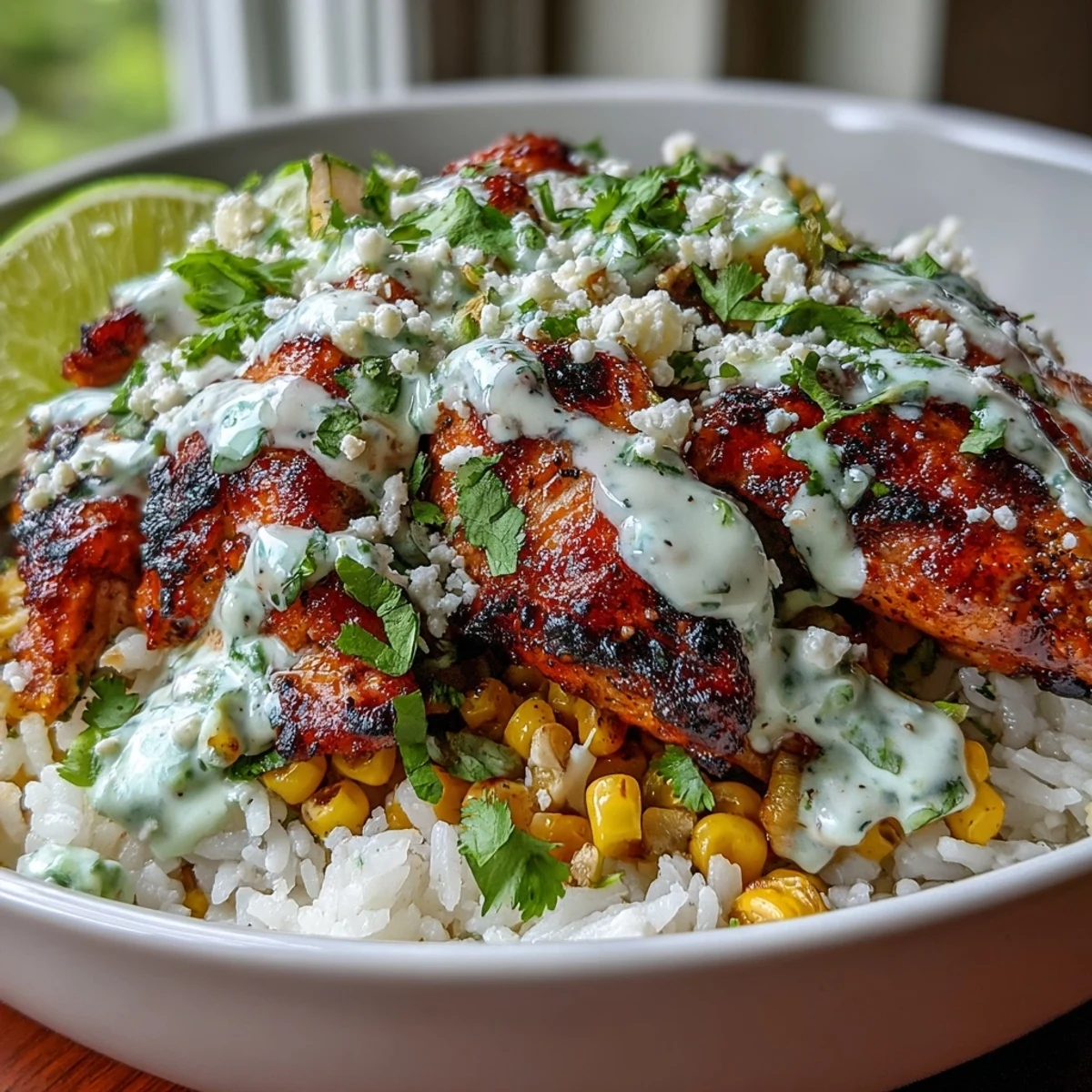 A vibrant serving of Street Corn Chicken and Rice Bowls with citrus-marinated chicken, smoky charred corn, fluffy rice, and zesty crema.