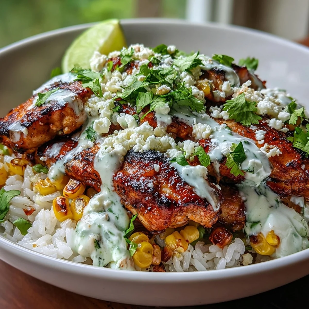Street Corn Chicken and Rice Bowls feature tender chicken thighs, cotija cheese, cilantro, and fresh lime wedges on a bed of rice.