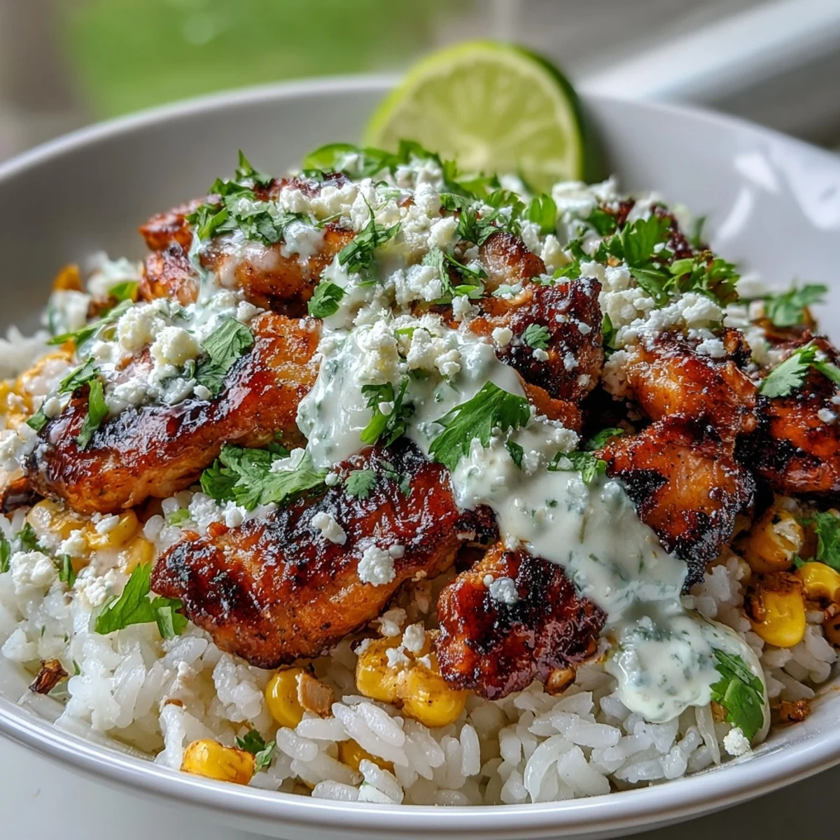 Sizzling grilled chicken and charred corn top these Street Corn Chicken and Rice Bowls, drizzled with creamy crema and garnished with cilantro.
