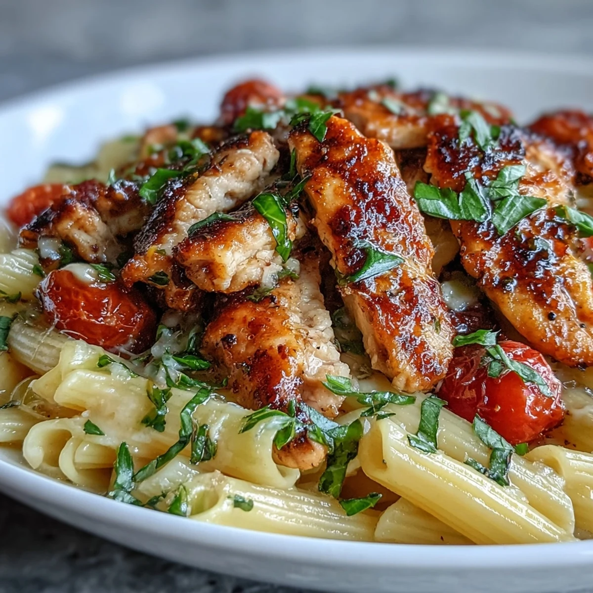 Golden-seared chicken and al dente penne tossed with tomatoes, basil, and melted mozzarella in Bruschetta Chicken Pasta.