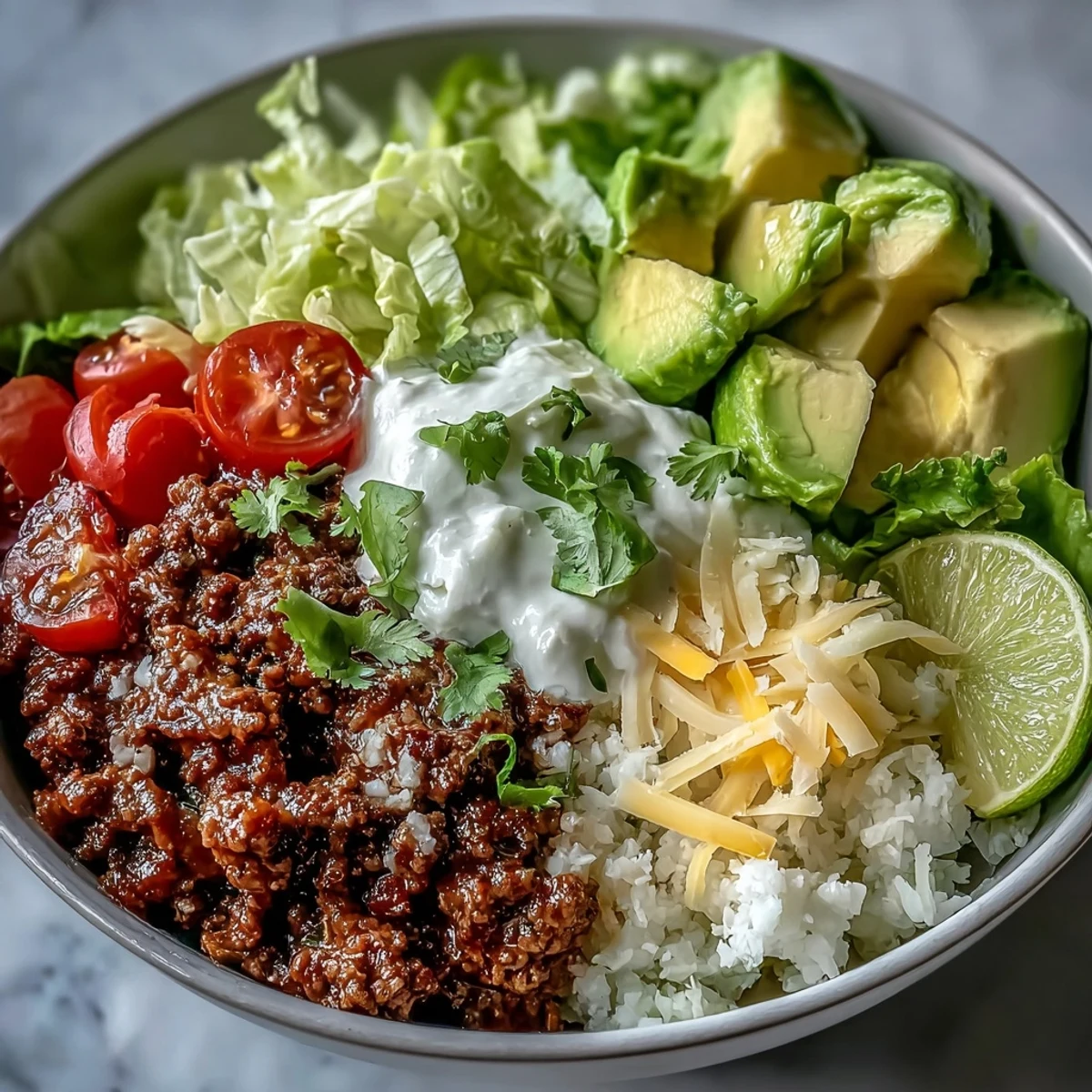 A close-up of a Low Carb Burrito Bowl showcases seasoned ground beef and cauliflower rice on a bed of crisp romaine.
