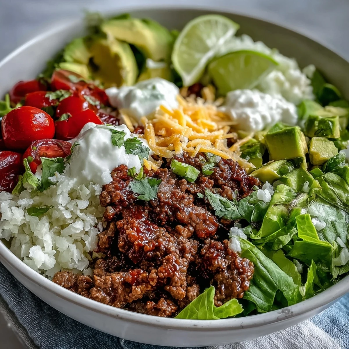 Wide shot of a colorful Low Carb Burrito Bowl garnished with fresh cilantro and lime wedges on the side.