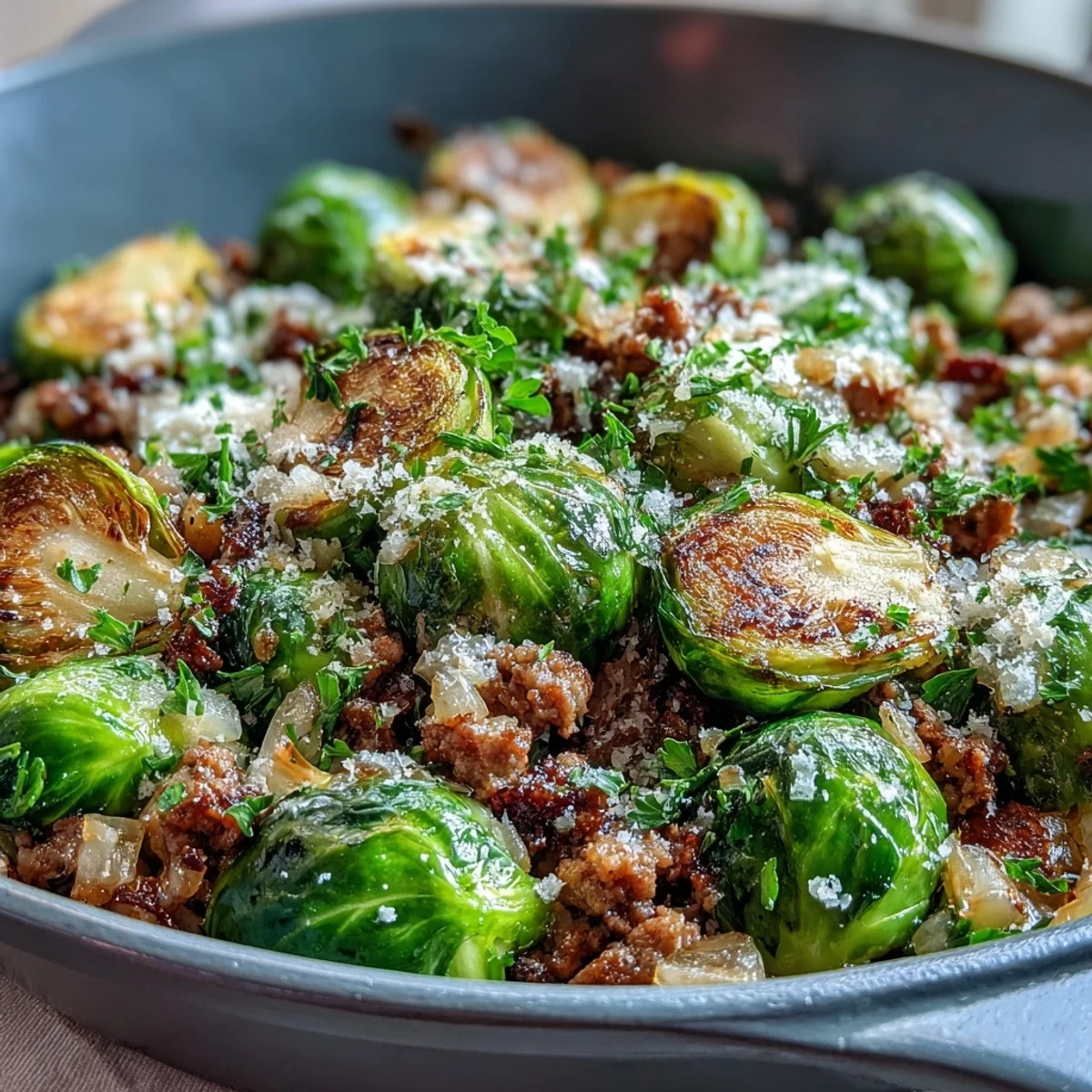 A steamy skillet of Brussels sprouts and ground turkey gets bright flavor from lemon juice and a sprinkle of Parmesan.