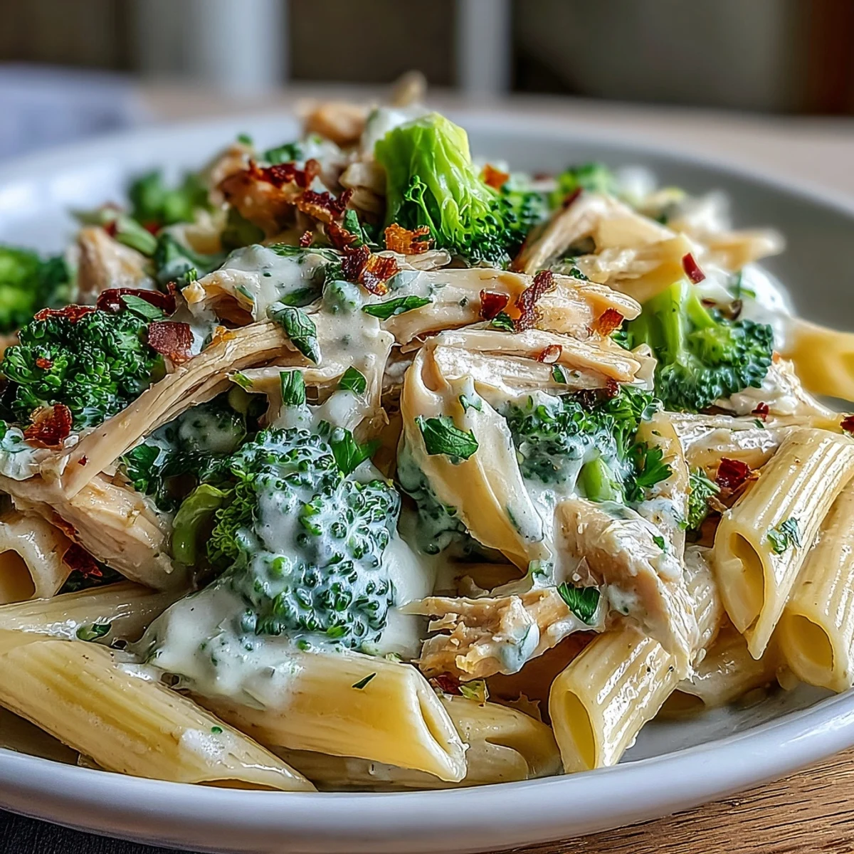 Bright broccoli florets and tender shredded rotisserie chicken coated in a creamy Greek yogurt sauce, served over whole-wheat penne and garnished with fresh parsley and grated Parmesan.