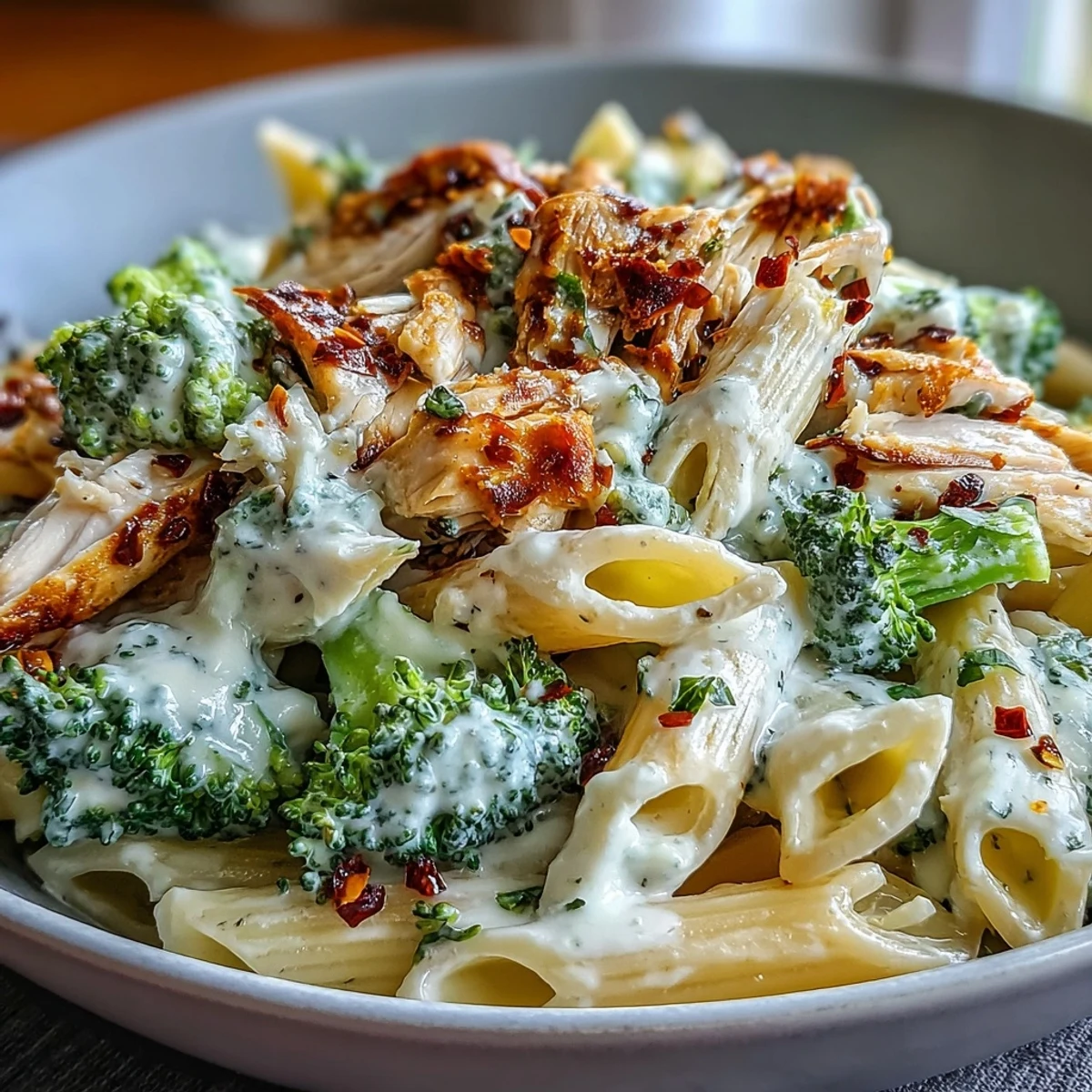 Close-up of juicy rotisserie chicken, steamed broccoli, and whole-wheat penne tossed in a silky yogurt Parmesan sauce, garnished with lemon zest and fresh herbs.