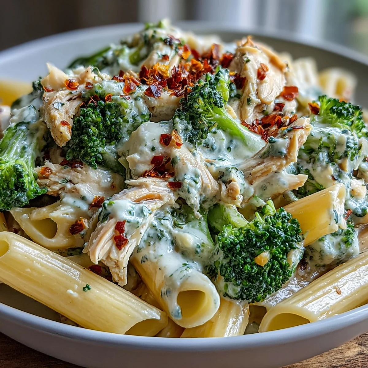 A warm skillet of High Protein Rotisserie Chicken Broccoli Pasta with garlicky, lemon-scented sauce and a sprinkle of extra Parmesan, ready to serve at a cozy dinner.