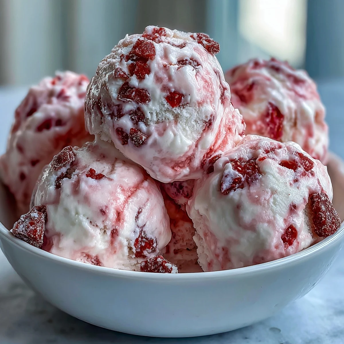Glazed Strawberry & Banana Yoghurt Clusters on a marble board, showing creamy texture and crunchy freeze-dried fruit pieces.