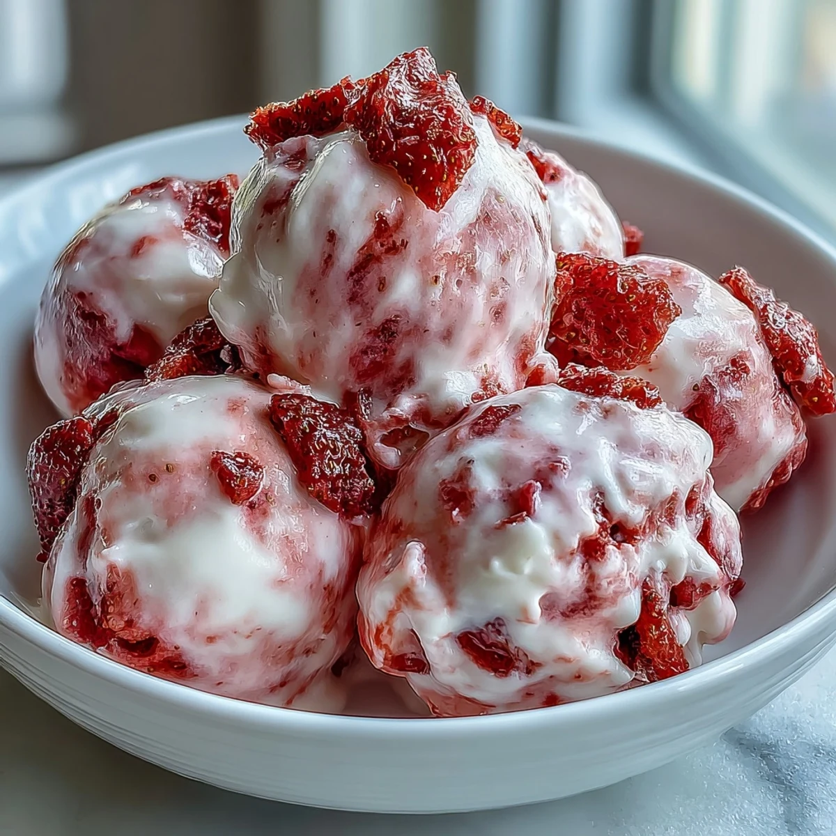 A hand scoops a Strawberry & Banana Yoghurt Cluster beside fresh bananas and strawberries on a rustic table.