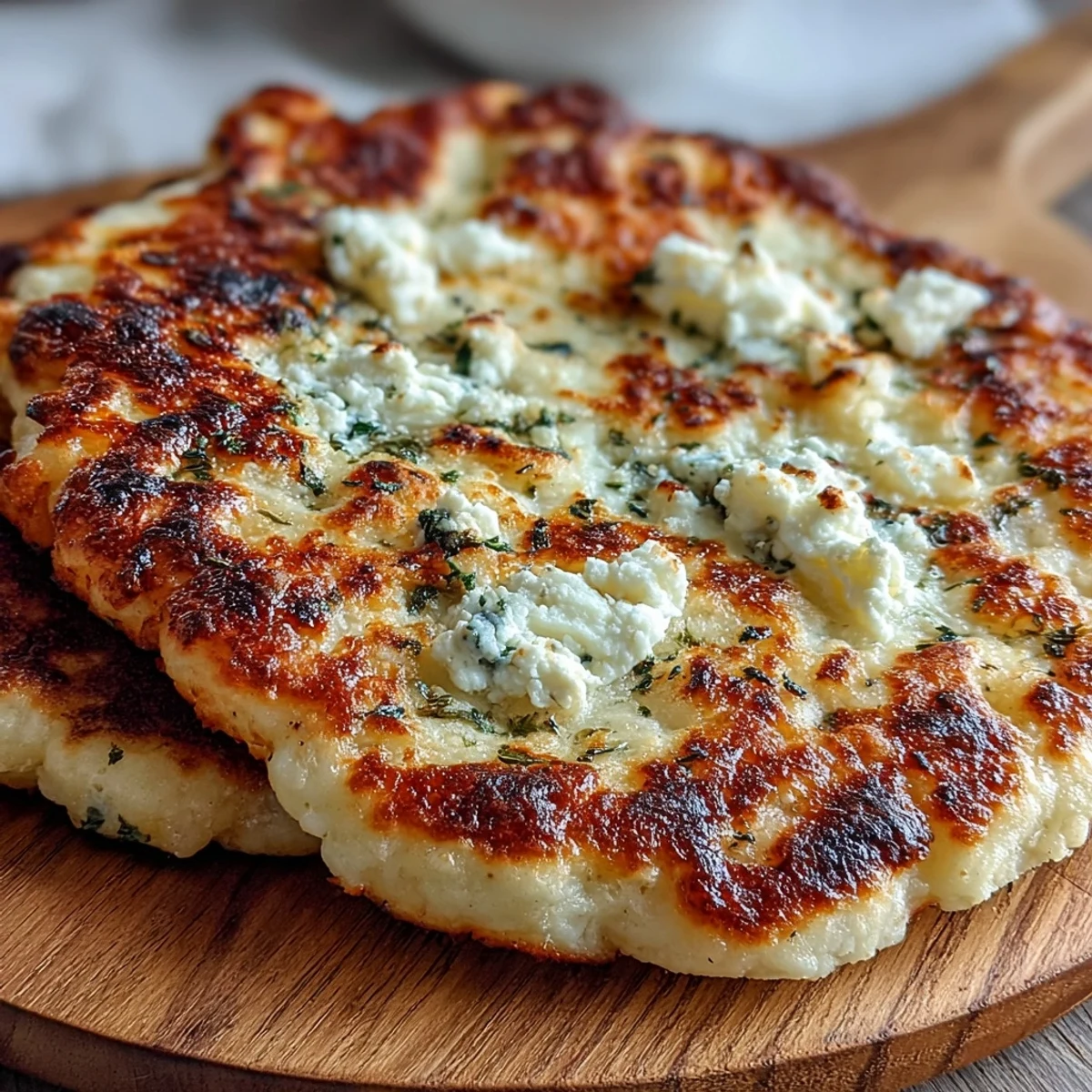 Golden-brown Fluffy Cottage Cheese Flatbread bubbling in a skillet, releasing aromatic garlic and fresh herb scents for a quick homemade meal.