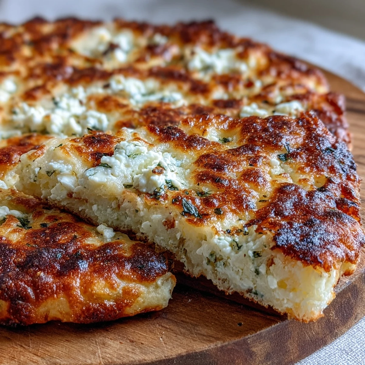 Freshly cooked Fluffy Cottage Cheese Flatbread resting on a wooden board, showing a soft interior and golden exterior, perfect for wrapping fillings.