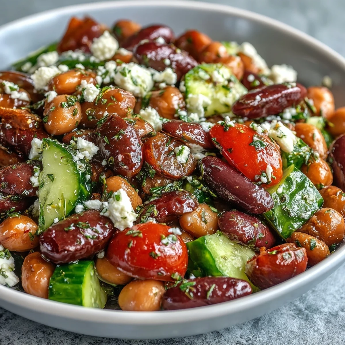 Crisp cucumbers, halved cherry tomatoes, and briny Kalamata olives are tossed in a bright lemon-oregano vinaigrette. 