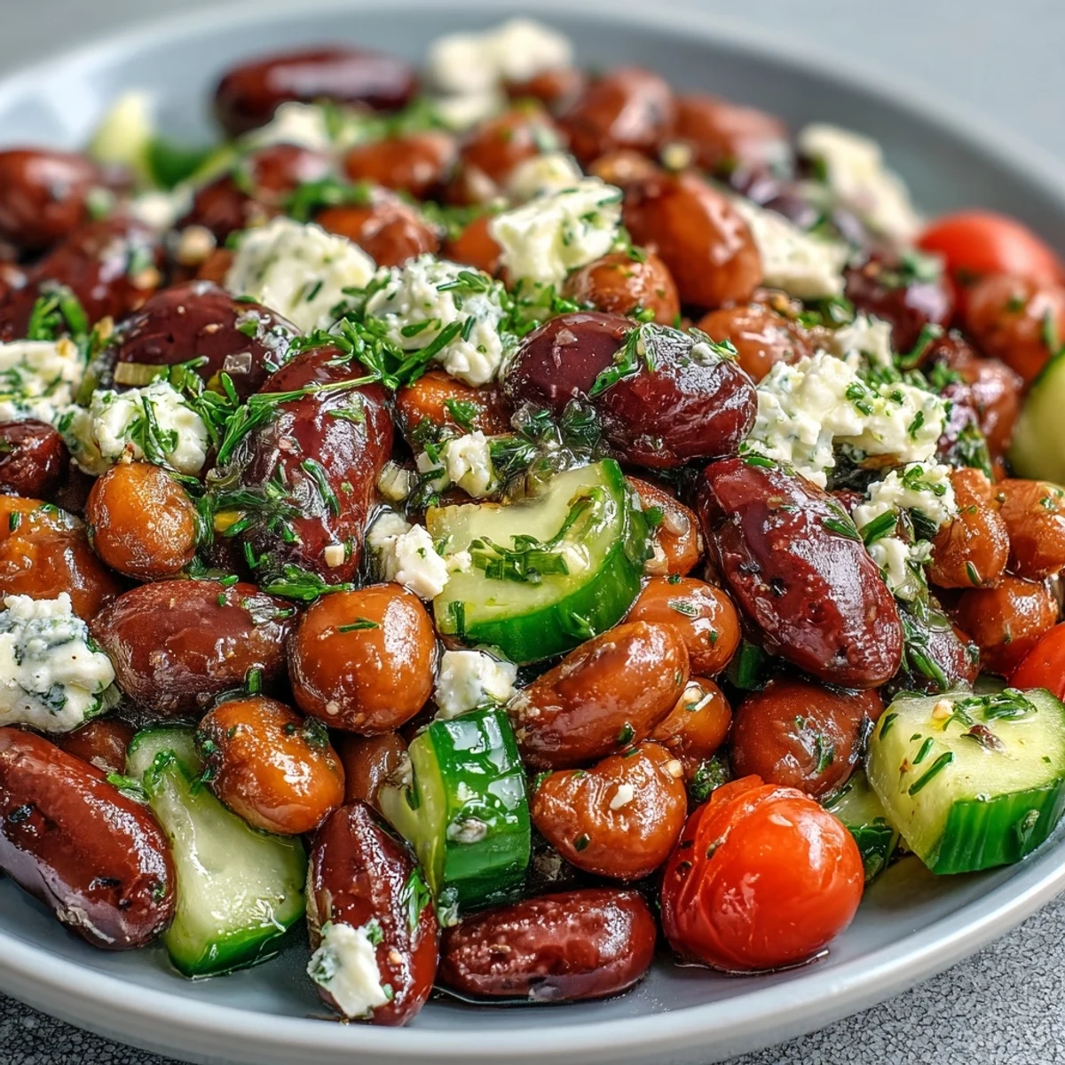 Freshly marinated Greek Bean Salad sits in a white bowl, featuring chickpeas, kidney beans, and creamy feta cheese. 