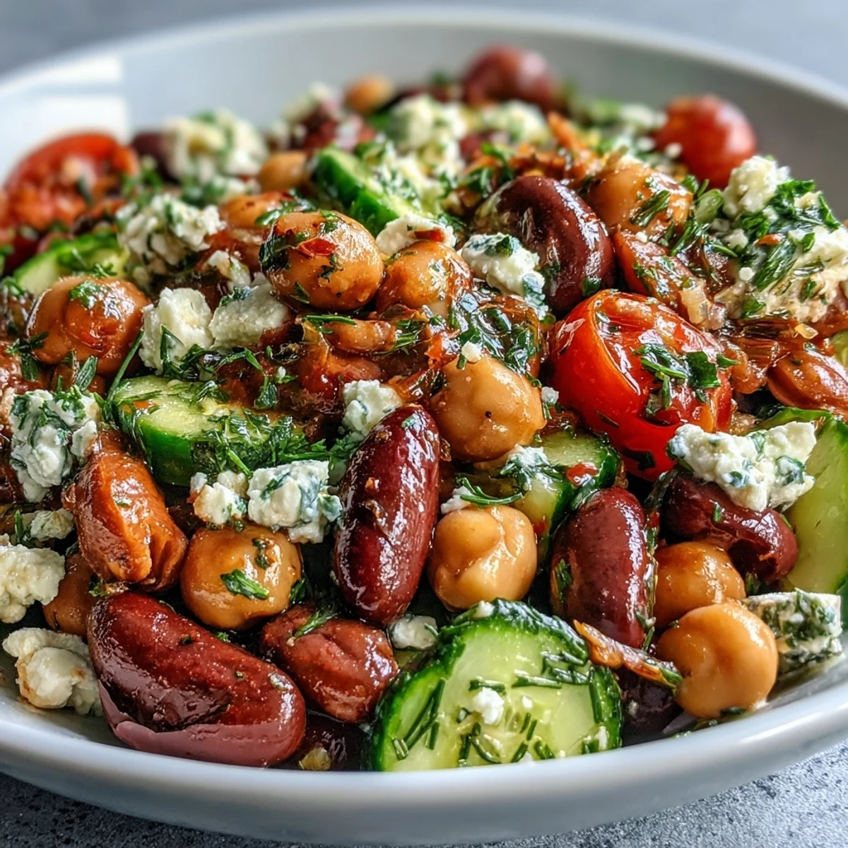 Close-up of the Greek Bean Salad showing colorful beans, crumbled feta, and fresh herbs on a rustic table.