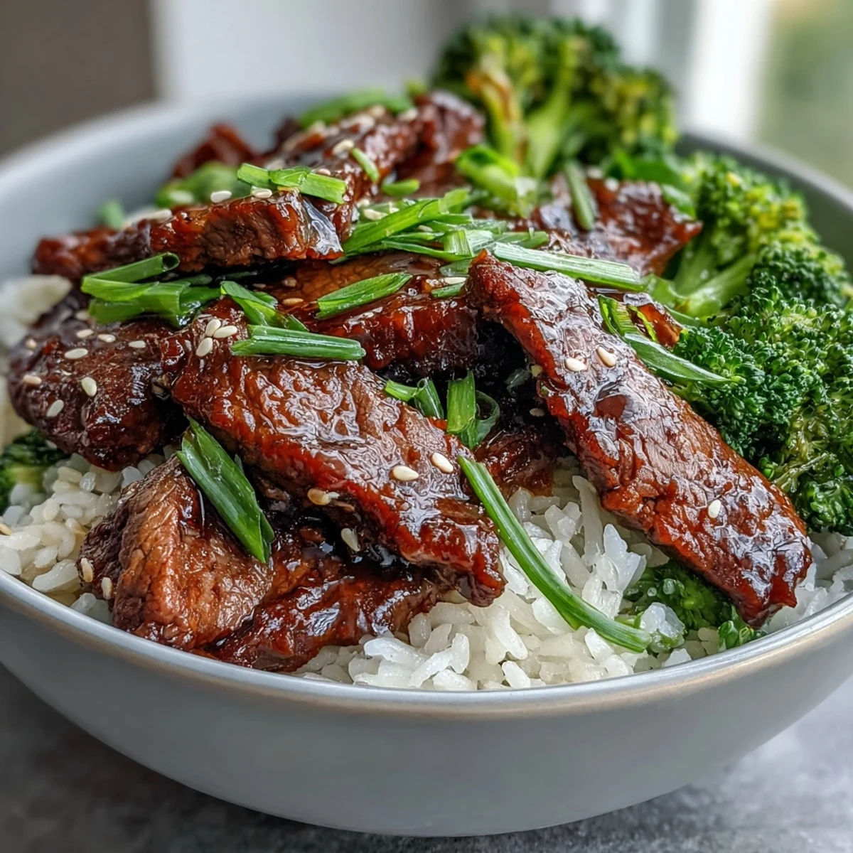 A close-up of a Beef and Broccoli Bowl, with saucy beef and crisp green broccoli over fluffy white rice, garnished with green onions.