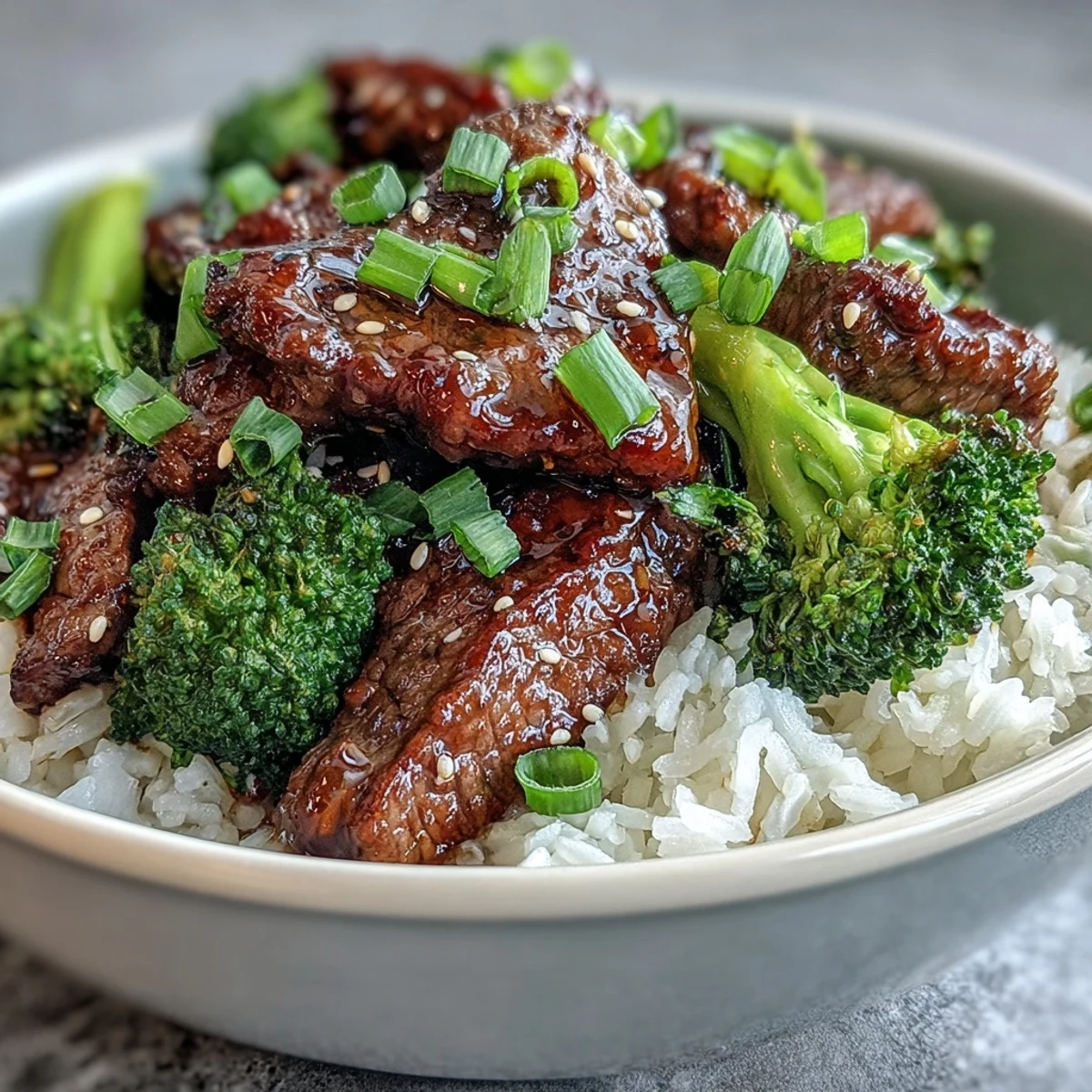 Aerial view of a hearty Beef and Broccoli Bowl, with glistening soy-ginger sauce, sesame seeds, and a colorful mix of beef and broccoli.