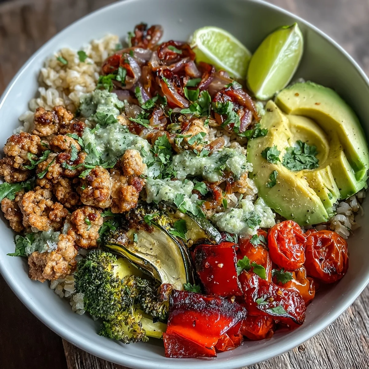 Steaming Ground Turkey Bowl with zucchini, red bell peppers, and broccoli, ready for a lime wedge squeeze and a dash of hot sauce.