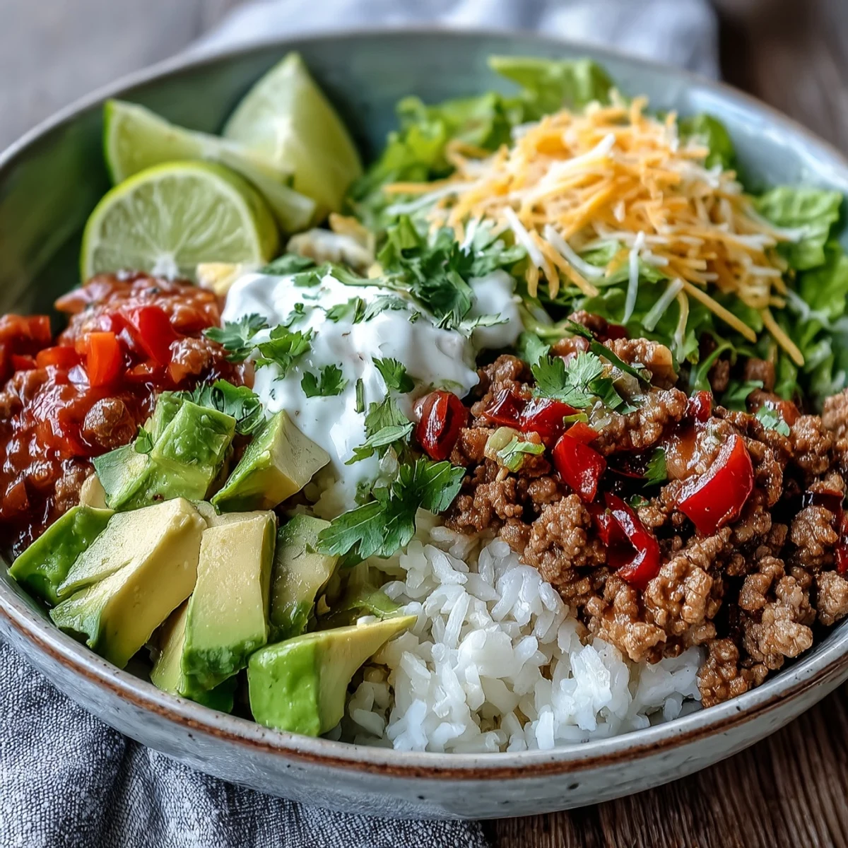 Turkey Taco Bowl with diced avocado, cherry tomatoes, and shredded lettuce, topped with cheddar cheese and a dollop of sour cream.