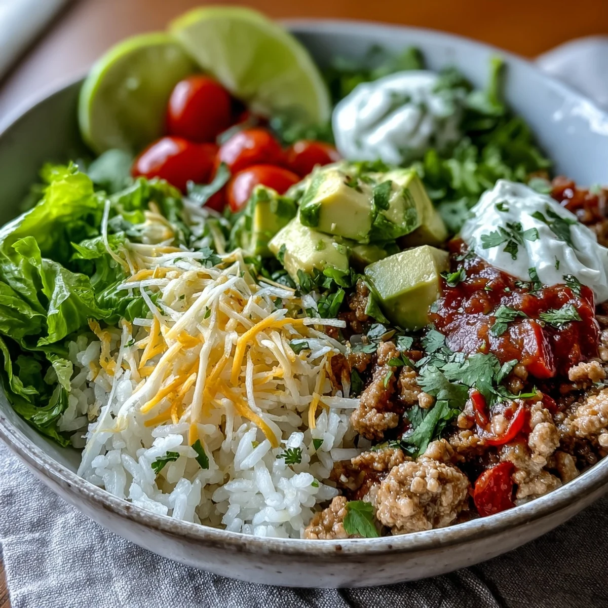 Turkey Taco Bowl garnished with fresh cilantro and lime wedges, arranged in white bowls ready for a quick, family-style dinner.