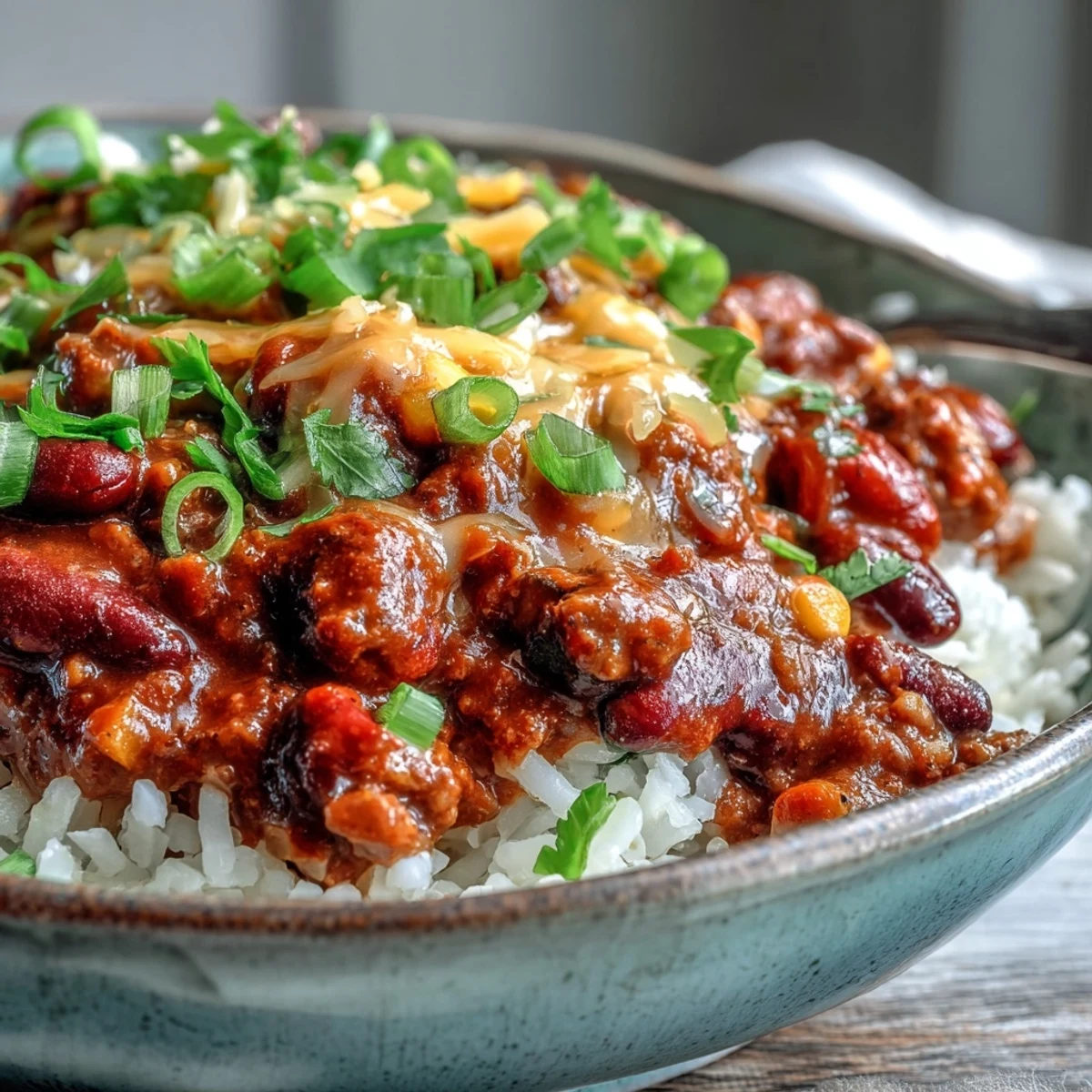 Steaming bowl of Chili Bowl Base topped with shredded cheddar, sour cream, and fresh cilantro.