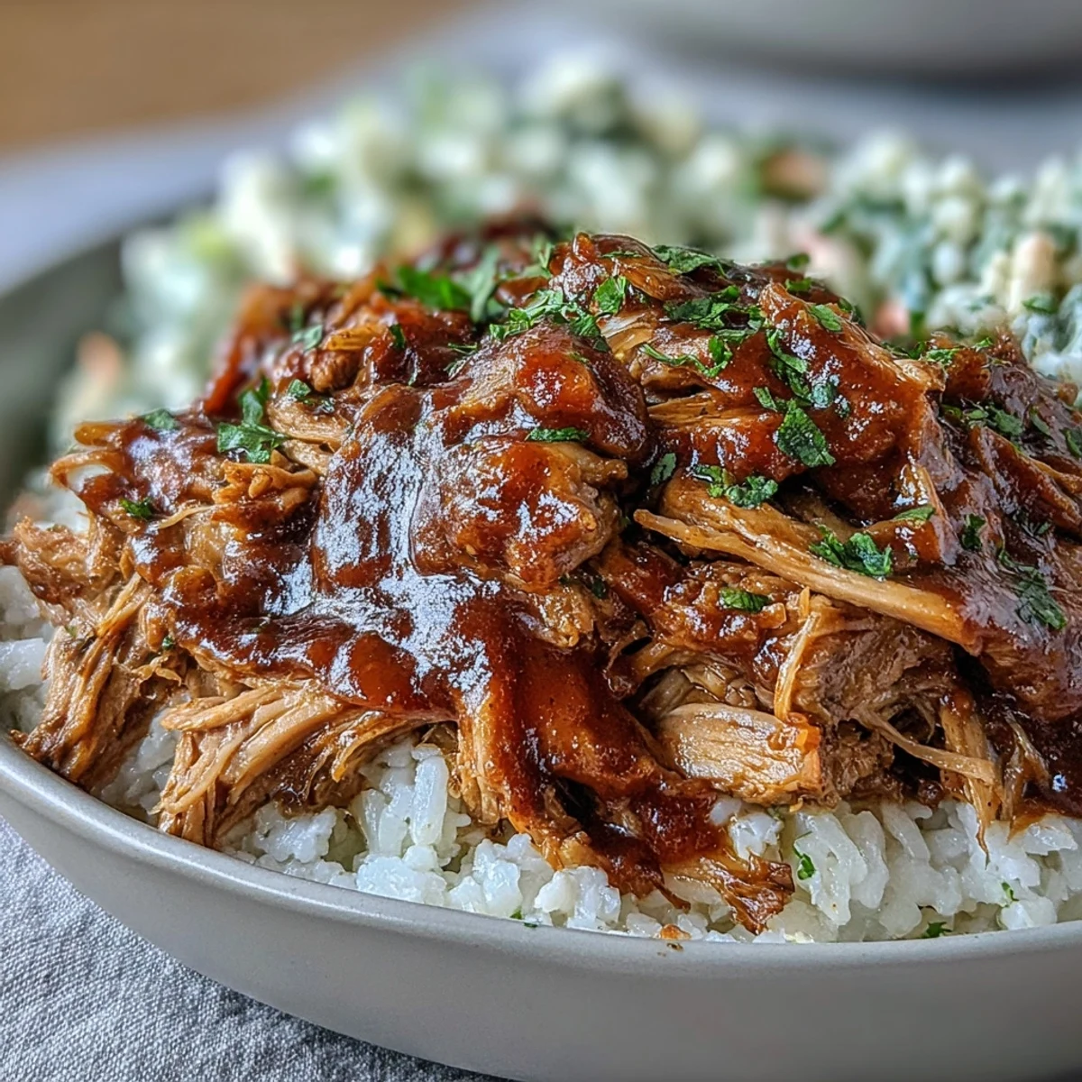 Tender slow-cooked pulled pork bowl with fluffy rice, tangy coleslaw, and smoky BBQ drizzle. 