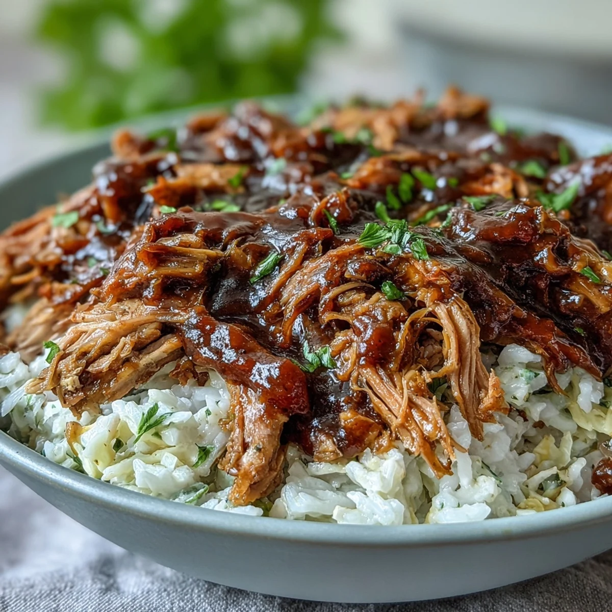 Close-up of a colorful Pulled Pork Bowl garnished with cilantro and scallions over steamed white rice.