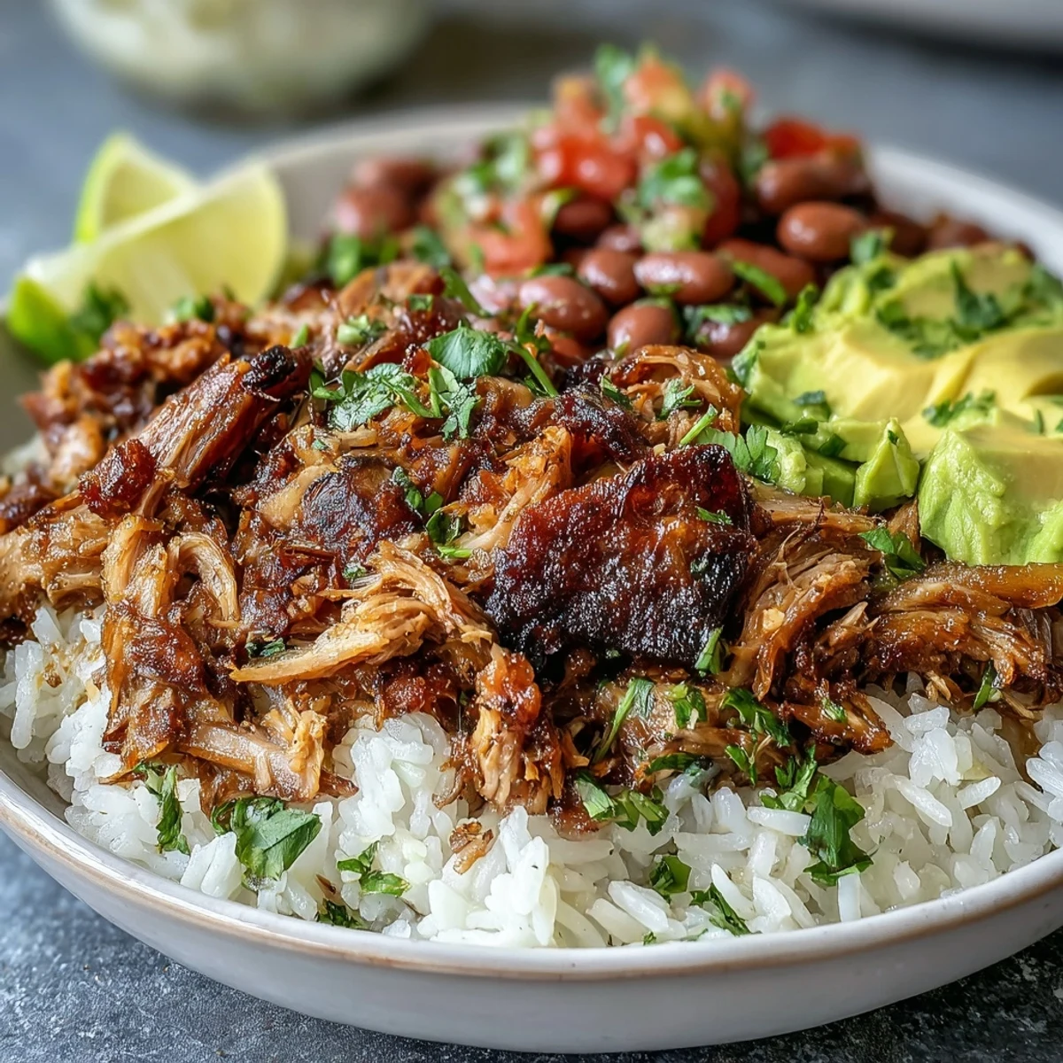 A hearty, gluten-free Mexican-inspired dinner bowl topped with sliced avocado and cilantro.