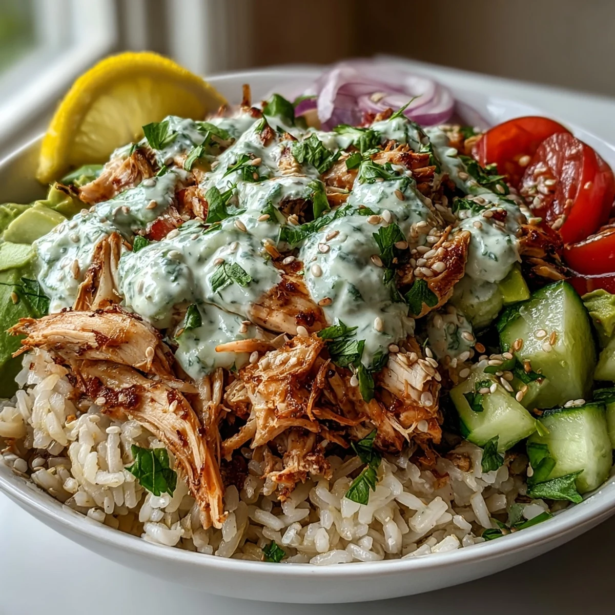Vibrant Rotisserie Chicken Bowl with fluffy brown rice, steamed broccoli, fresh tomatoes, and creamy avocado.