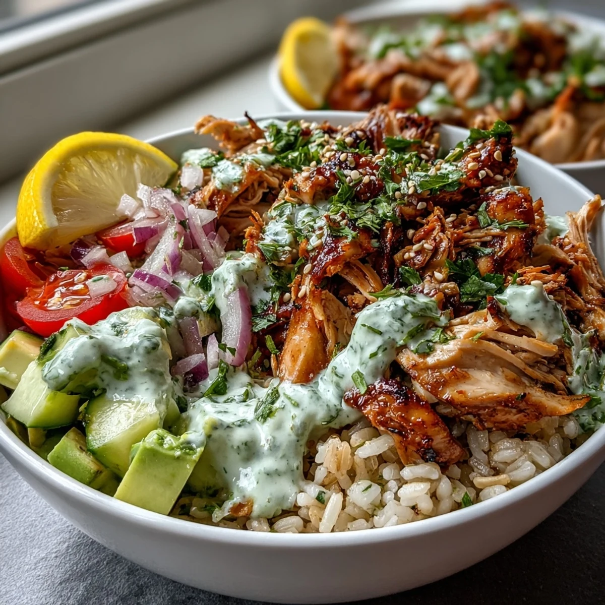 Healthy Rotisserie Chicken Bowl topped with cucumber, red onion, and drizzled with tangy tzatziki sauce.