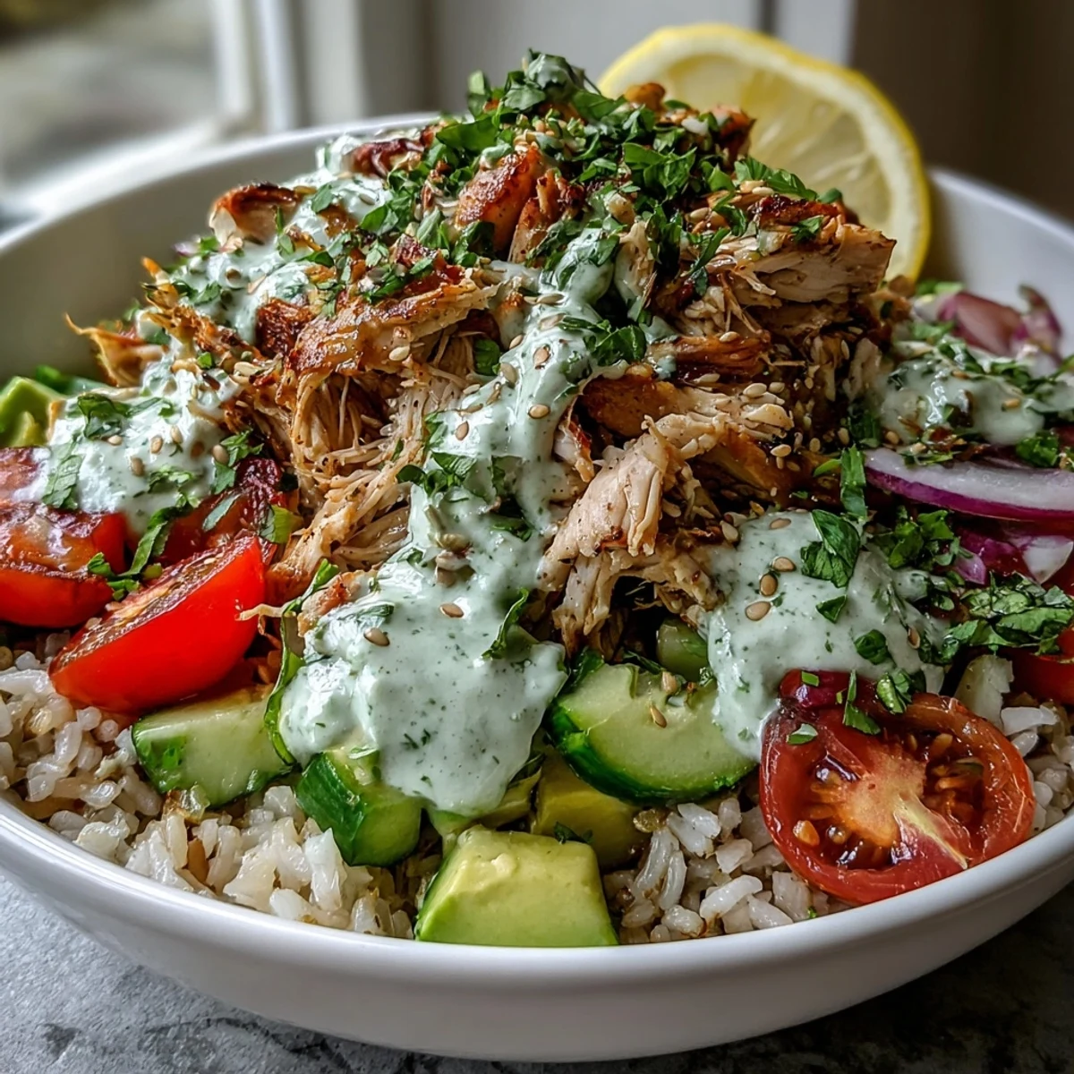 Quick Rotisserie Chicken Bowl featuring juicy shredded chicken, crisp veggies, and zesty lemon wedges for serving.
