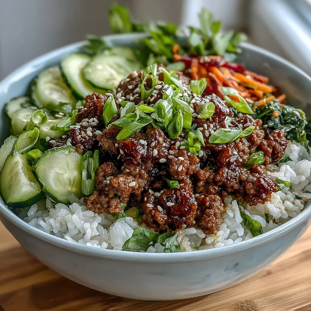 Close-up of a finished Korean Ground Beef Bowl with fluffy jasmine rice, savory beef, bright pickled carrots, cucumbers, and radishes, and a sprinkle of sesame seeds.
