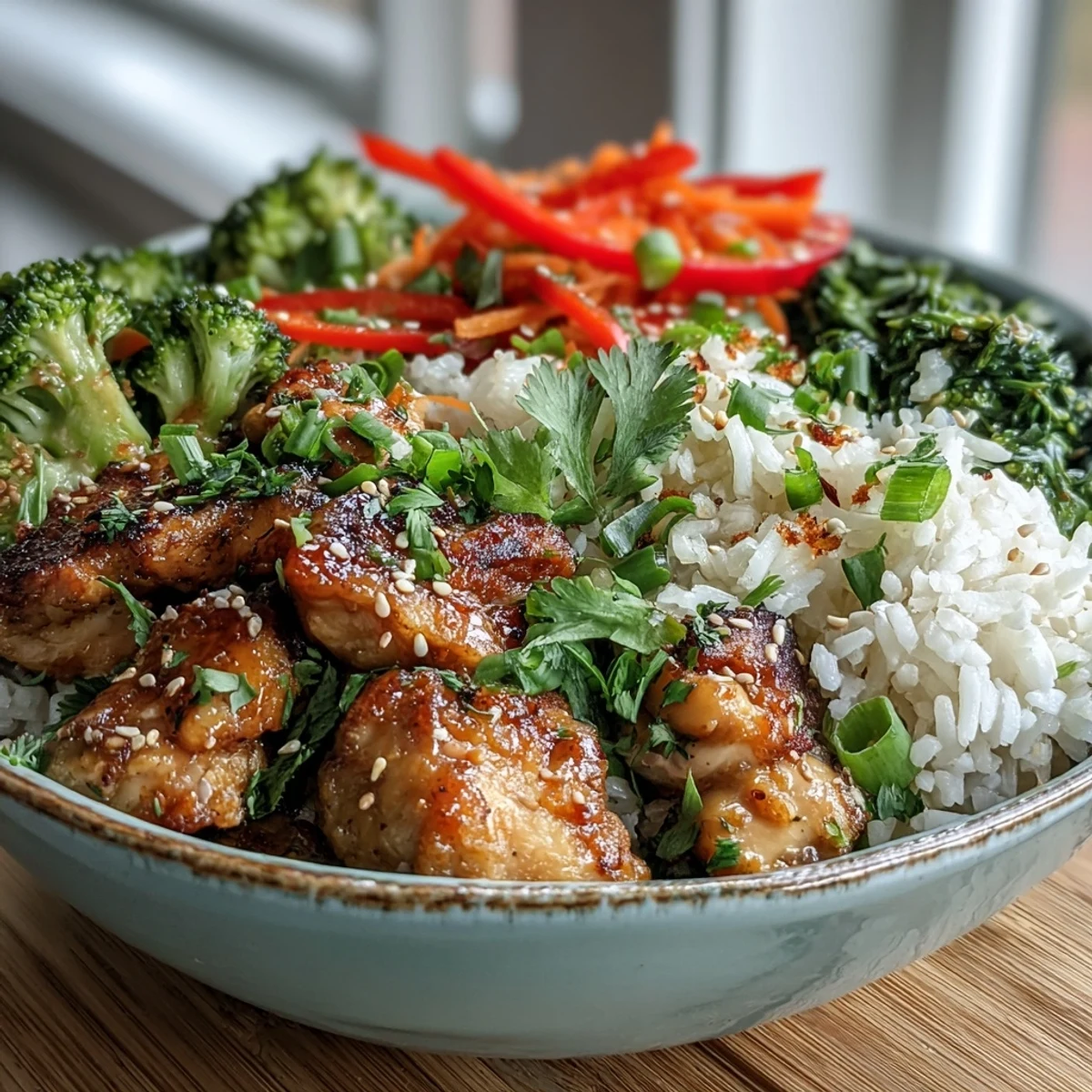 A finished Chicken and Rice Bowl garnished with green onions and sesame seeds, served as a wholesome dinner.