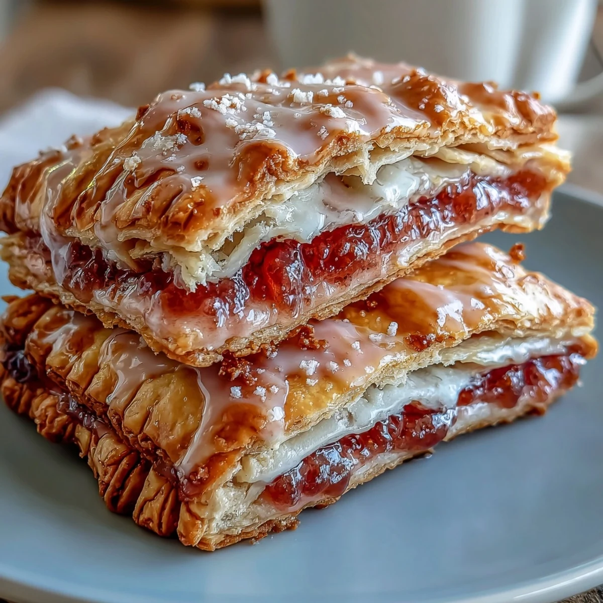 Freshly baked Guava Cheese Pop Tarts cooling on a wire rack with pink glaze dripping slightly. 